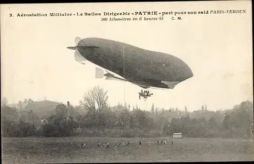 Ak Aérostation militaire, Ballon Dirigéable Patrie, Raid Paris Verdun, Französisches Luftschiff