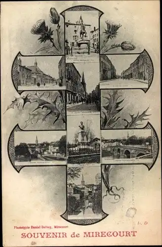 Ak Mirecourt Lothringen Vosges, Stadtansichten im Doppelkreuz, Reiterstandbild, Kirche, Brücke