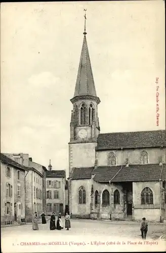 Ak Charmes sur Moselle Vosges, L'Eglise, Place de l'Espee, Kirche, Außenansicht, Platz, Passanten