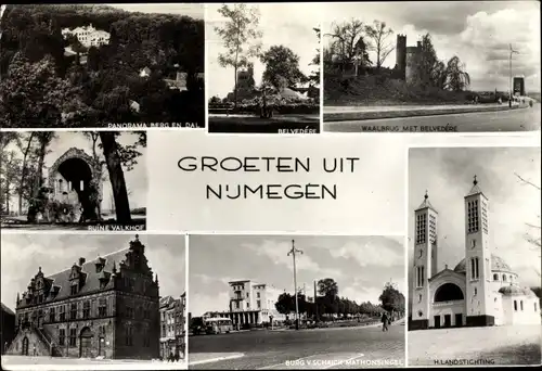 Ak Nijmegen Gelderland, Stadtansichten, Ruine, Panorama, Kirche, Burg, Belvedere