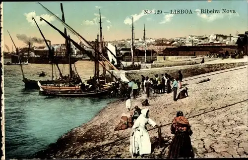 Ak Lisboa Lissabon Portugal, Ribeira Nova, Hafenpartie, Segelboote, Dampfer