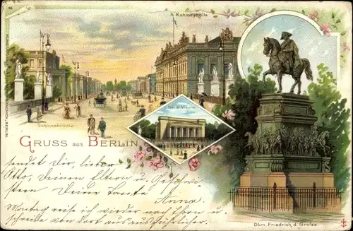 Litho Berlin Mitte, Schlossbrücke, Ruhmeshalle, Denkmal Friedrich der Große