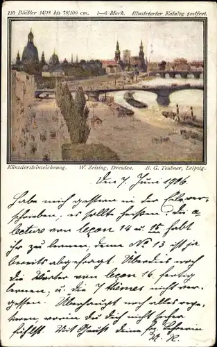 Künstler Ak Zeising W., Dresden, Altstadt mit Brücke