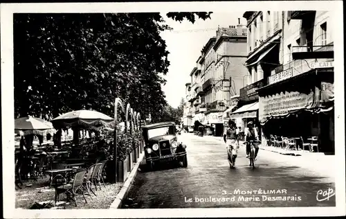 Ak Montélimar Drôme, Le Boulevard Marie Desmarais, Cafe de Paris, Auto