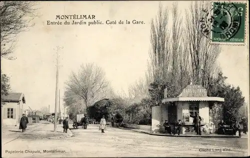 Ak Montélimar Drôme, Entree du Jardin Public, cote de la Gare, Bars du Parc