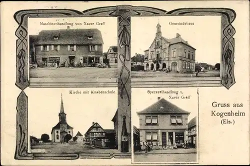 Ak Kogenheim Elsass Bas Rhin, Gemeindehaus, Spezereihandlung, Knabenschule, Kirche
