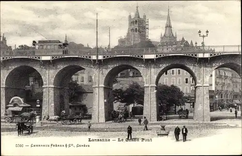 Ak Lausanne Kanton Waadt, Le Grand Pont, Straßenbahn