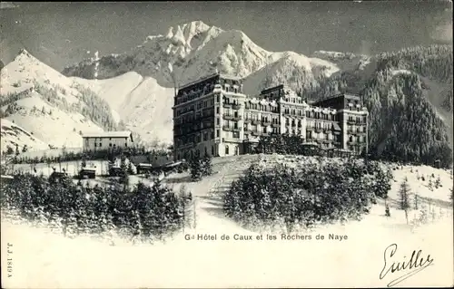 Ak Caux Kt. Waadt Schweiz, Grand Hotel, Rochers de Naye, Gebirgskette