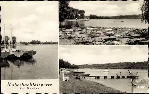 Ak Werdau in Sachsen, Koberbachtalsperre, Segelboot, Steg mit Badegäste, Biergarten