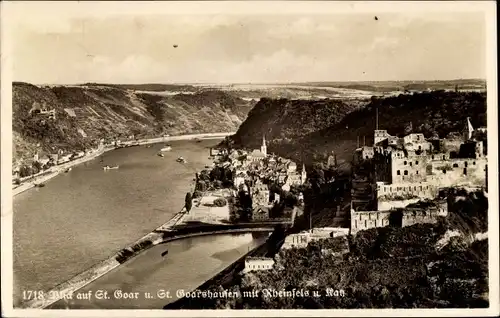 Ak St. Goar am Rhein, Panorama mit Burg Rheinfels, St. Goarshausen, Burg Katz