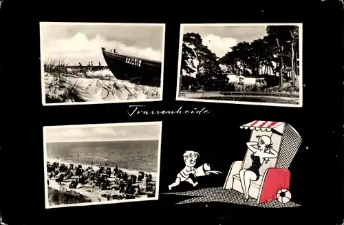 Ak Trassenheide auf Usedom, Strandleben, Frau im Strandkorb mit Jungen im Comicstil