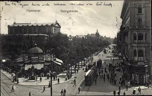 Ak Hannover in Niedersachsen, belebte Georgstraße, Straßenbahn, Standuhr