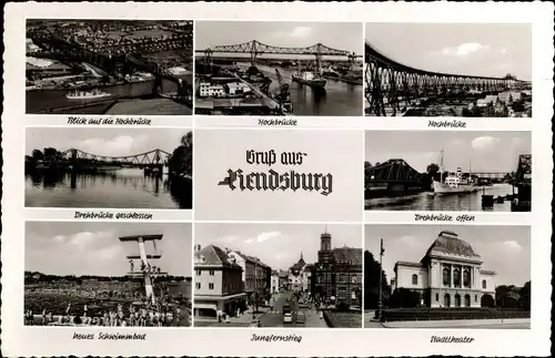 Ak Rendsburg in Schleswig Holstein, Hochbrücke, Drehbrücke, neues Schwimmbad, Jungfernstieg