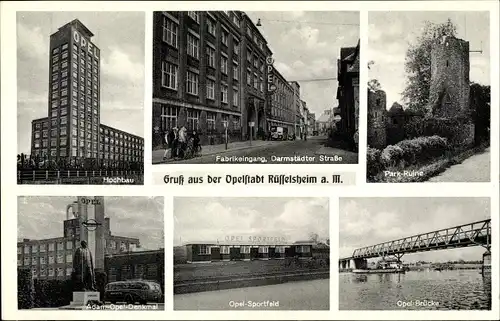 Ak Rüsselsheim am Main Hessen, Opel Brücke, Parkruine, Fabrikeingang, Darmstädter Straße, Hochbau