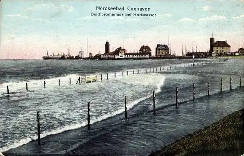 Ak Nordseebad Cuxhaven, Deichpromenade bei Hochwasser