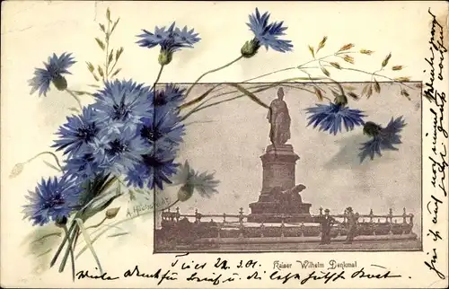 Litho Trier an der Mosel, Kaiser Wilhelm Denkmal, blaue Blumen