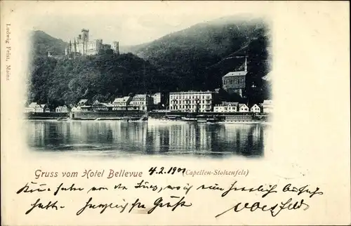 Ak Capellen Kapellen Stolzenfels Koblenz am Rhein, Blick über den Fluss, Hotel Bellevue