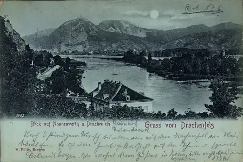 Mondschein Ak Königswinter am Rhein, Drachenfels, Blick auf Nonnenwerth