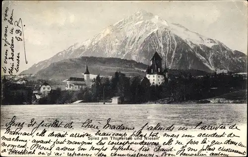 Ak Spiez am Thuner See Kanton Bern, Niesen, Ortsansicht mit Berg