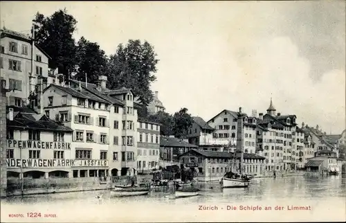 Ak Zürich Stadt Schweiz, Die Schipfe an der Limmat, Kinderwagenfabrik J. Assfalg