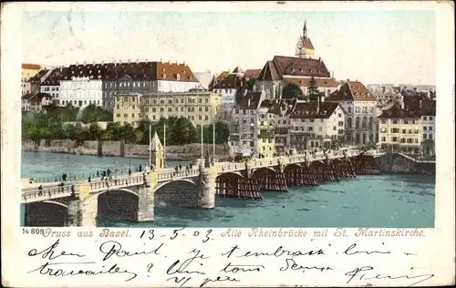 Ak Bâle Basel Stadt Schweiz, Alte Rheinbrücke mit St. Martinskirche