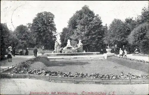 Ak Crimmitschau in Sachsen, Bismarckhain mit Wettinbrunnen