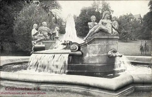 Ak Crimmitschau in Sachsen, Wettinbrunnen am Bismarckhain