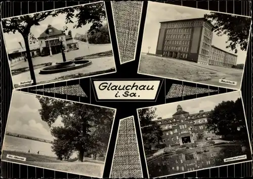 Ak Glauchau in Sachsen, Bahnhof, Krankenhaus, Stausee, Bauschule