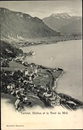 Ak Territet Montreux Kt. Waadt, Vue générale avec Chillon et la Dent du Midi