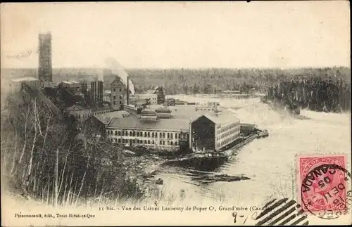 Ak Grand-Mère Quebec Kanada, Vue des Usines Laurenty de Paper C, Fabrik