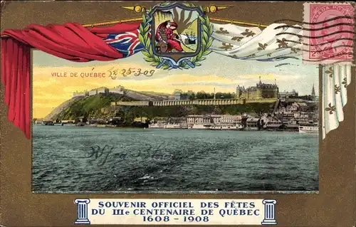 Passepartout Ak Québec Kanada, Fetes du IIIe Centenaire 1908, Küstenansicht, Flagge, Wappen