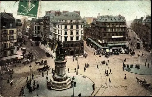 Ak Paris XVII., Place Clichy, Denkmal, Geschäfte