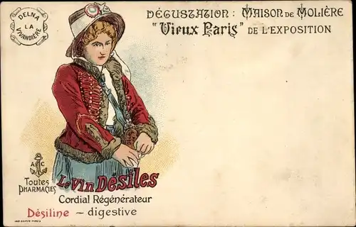 Litho Schauspielerin Marie Delna, Maison de Molière, Le Vin Désiles, Cordial Rénénerateur Desiline