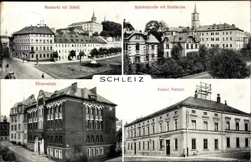 Ak Schleiz im Vogtland Thüringen, Neumarkt mit Schloss, Stadtkirche, Postamt, Bahnhofstraße
