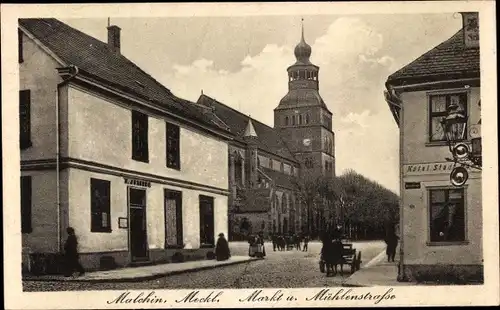Ak Malchin in Mecklenburg, Markt und Mühlenstraße, Hotel