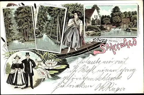 Litho Lübbenau im Spreewald, Kanowmühle, Kanowmühlenflies, Dolzkeflies, Spreewälderin