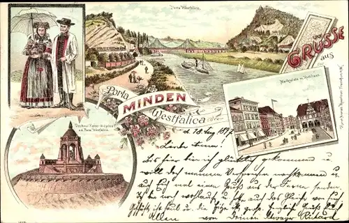 Litho Minden in Westfalen, Porta Westfalica, Denkmal Kaiser Wilhelm, Marktplatz mit Rathaus