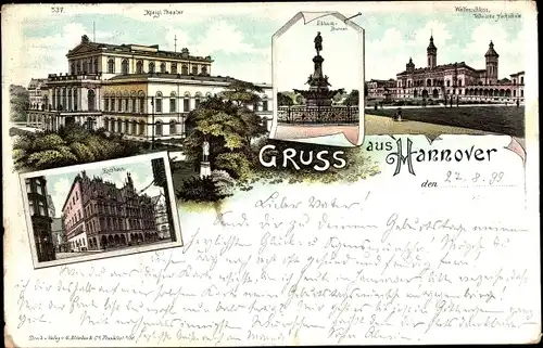 Litho Hannover in Niedersachsen, Königliches Theater, Rathaus, Welfenschloss, Hochschule