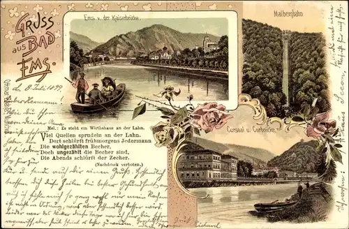 Litho Bad Ems im Rhein Lahn Kreis, Malbergbahn, Kursaal, Kurbrücke, Ems von der Kaiserbrücke