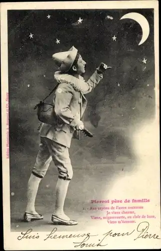Ak Pierrot pere de famille, mignonnette au clair de lune