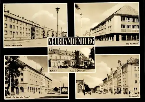Ak Neubrandenburg in Mecklenburg, Clara Zetkin Straße, HO Kaufhaus, Reutercafe, Bahnhof