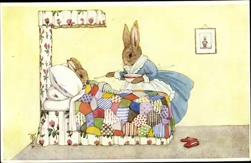 Künstler Ak Tempest, Margaret, Gruel, Kranker Hase im Bett, Häsin füttert ihn, vermenschlichte Tiere