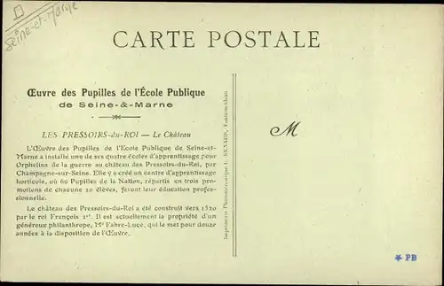 Ak Les Pressoirs du Roi Seine et Marne, Le Chateau, pupilles travaillant dans le jardin