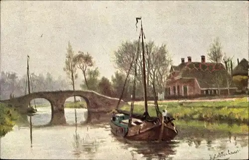 Künstler Ak Gerstenhauer, Johann, Georg, Boot, Brücke, Haus am Wasser