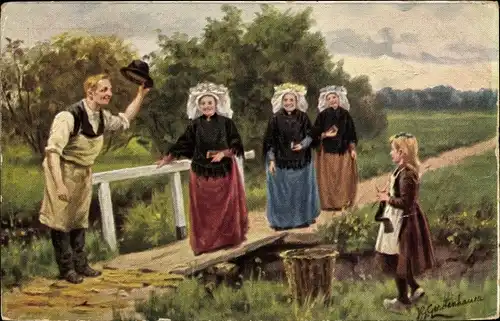 Künstler Ak Gerstenhauer, Frauen in Tracht, Brücke, Mann, Mädchen, Stricken