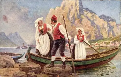 Künstler Ak Gerstenhauer, Johann Georg, Mann und Frauen in norwegischen Volkstrachten