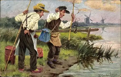 Künstler Ak Gerstenhauer, Johann Georg, Zwei Angler am Flussufer, Windmühlen