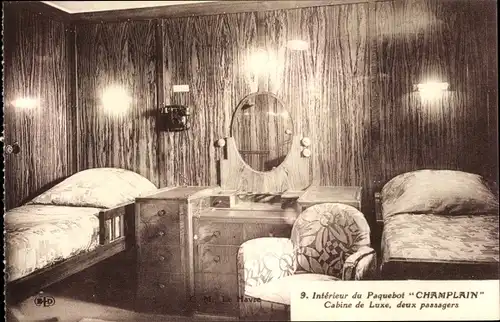 Ak Paquebot Champlain, Cabine de Luxe, deux passagers, CGT, French Line