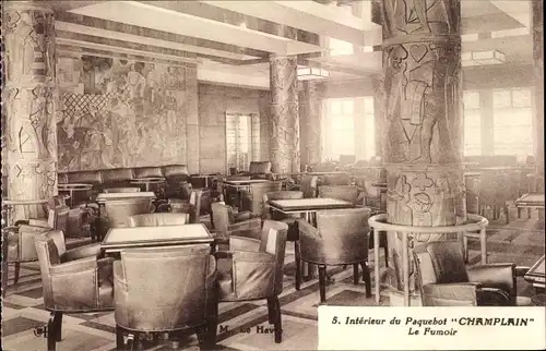 Ak Paquebot Champlain, Interieur, le Fumoir, CGT, French Line