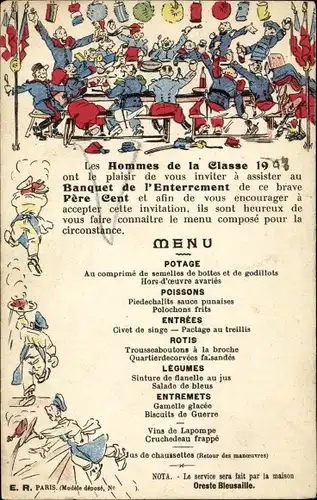 Ak Französische Soldaten, Soldatenleben, Kantine, Menu, Speisekarte, Potage, Poissons...